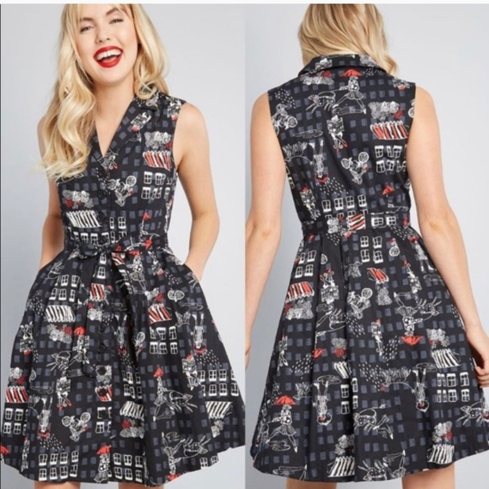 Modcloth Black White & Red Retro Novelty Print A-line Cotton Dress with Pockets